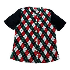 Vintage ABBA Shirt Womens Sz L Argyle Red Green Button Up Top Shoulder Pads READ